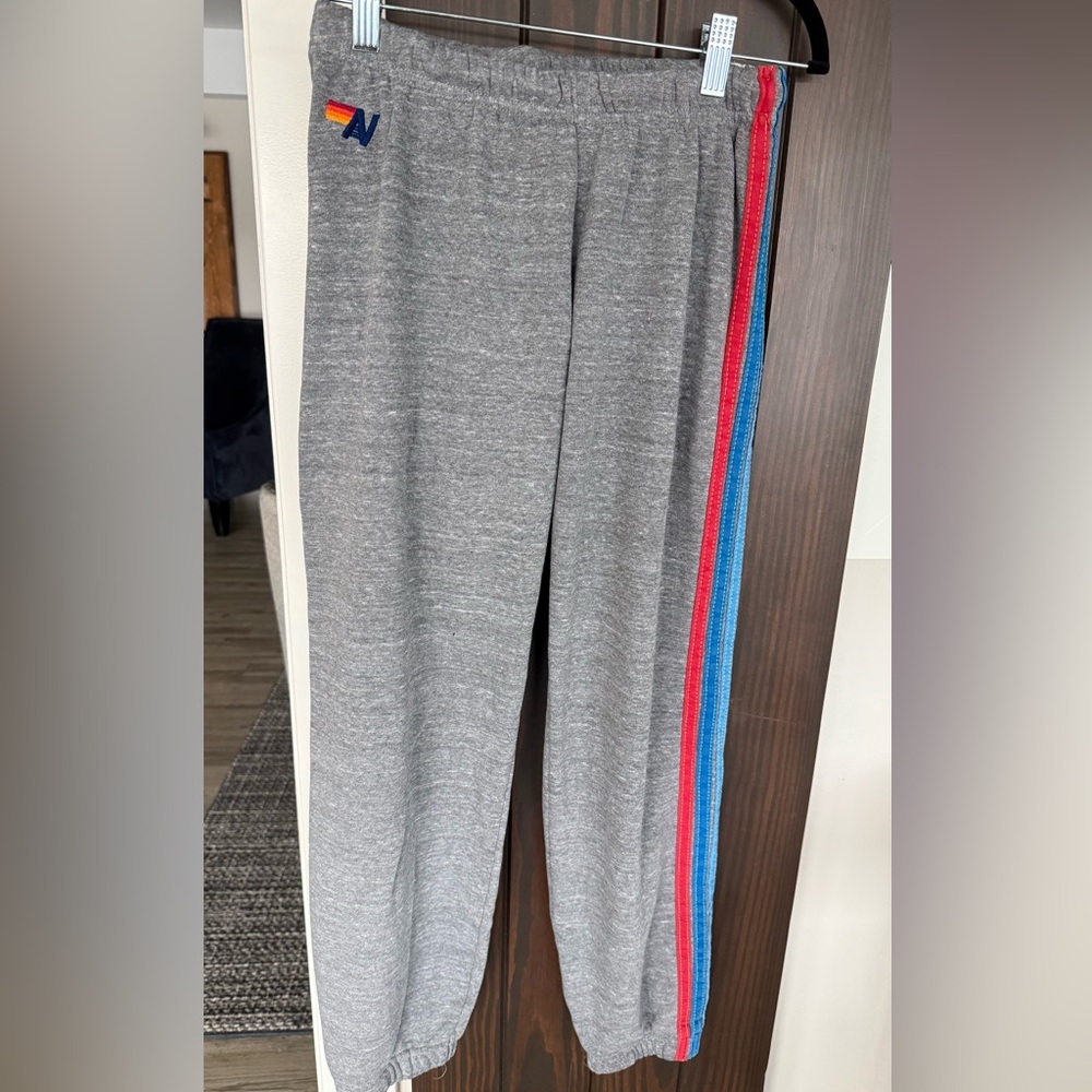 Aviator Nation Women’s Gray Sweatpants with Rainbow Stripes, Size Medium